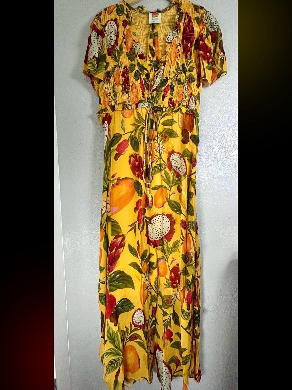 Farm Rio Fruit Lovers Yellow Smocked Maxi Dress XL Tropical Dragon Fruit Beachy
